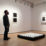 **

A sound art installation in a gallery, focusing on natural sounds for stressed urban workers. Soft lighting, minimalist design, people relaxing and listening with eyes closed.

**