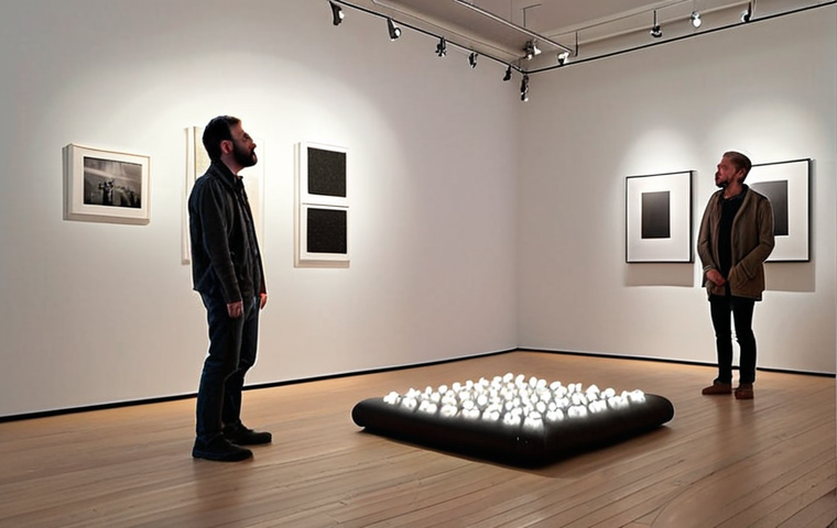 **
A sound art installation in a gallery, focusing on natural sounds for stressed urban workers. Soft lighting, minimalist design, people relaxing and listening with eyes closed.
**
